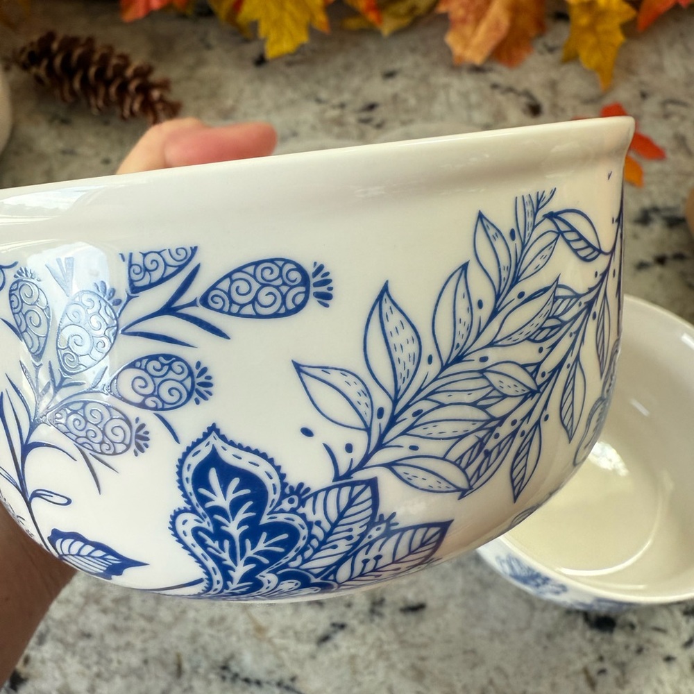 2 Floral Blue and White Ceramic Bowls w/ Lids